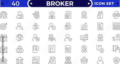 Broker outline icon set. Domain Marketplace Icons. Outline icon set of domain marketplace: auction, domain broker, price tag, bid, offer, domain appraisal.