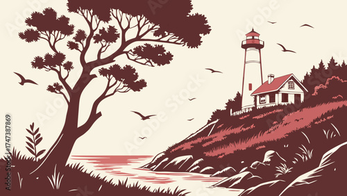 Coastal Lighthouse Landscape Illustration Seascape with Tower Birds and Trees Vintage Style Artwork.