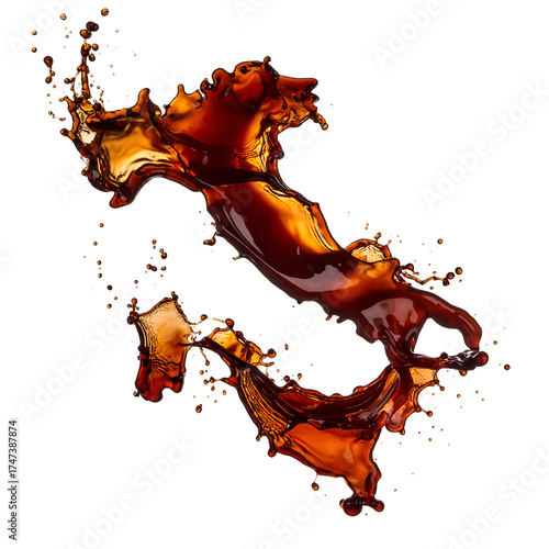 Dynamic splash of dark liquid, resembling abstract figures, against a stark black backdrop