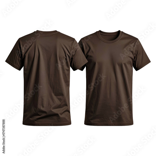 Two brown t-shirts, front and back views, isolated on a dark background