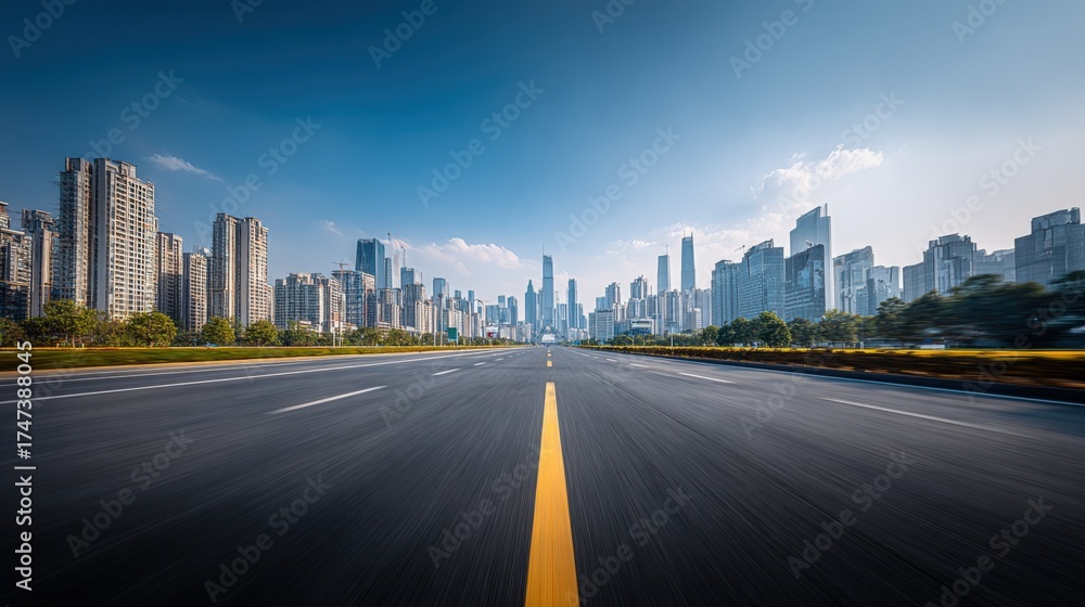 Fototapeta premium Cityscape View with Asphalt Road Leading to Modern Skyline on Sunny Day