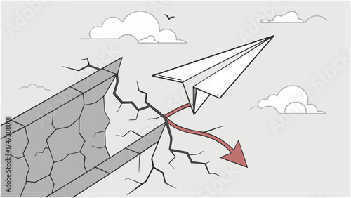 Conceptual Illustration Paper Airplane Navigating a Cracked Path Overcoming Obstacles Success Challenge Achievement.
