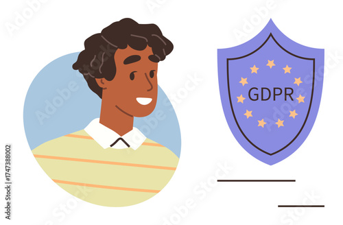 Young person smiling in half-profile beside GDPR shield emphasizing data protection, privacy rights, or online regulation. Ideal for security, compliance, data rights, user privacy, policy awareness