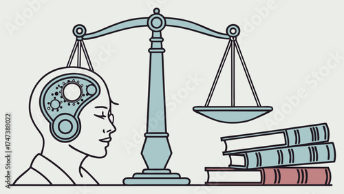 Conceptual Illustration Scales of Justice Cogs in Mind and Stack of Books.