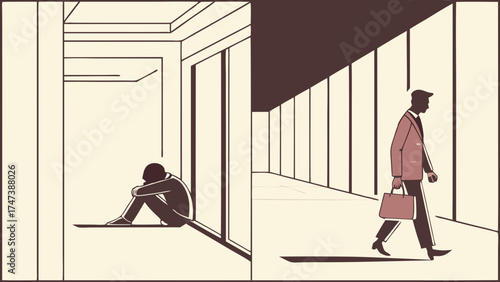 Contrast of solitude and busy life minimalist illustration of a person sitting alone and another walking by.