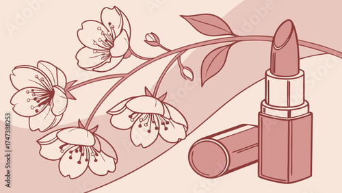 Elegant lipstick and blossom design beauty product illustration cosmetic advertisement floral background spring theme makeup graphic skincare image feminine design vector art line art b.