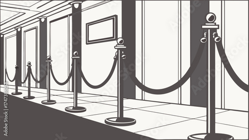 Elegant Rope Stanchions in a Hallway VIP Entrance Exclusive Event Illustration Vector Art Black and White Graphic Design Interior Design Queue Management Access Control Formal Setting L.