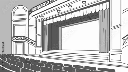 Empty Theater Stage and Auditorium Seats Classic Design Performance Venue Illustration.
