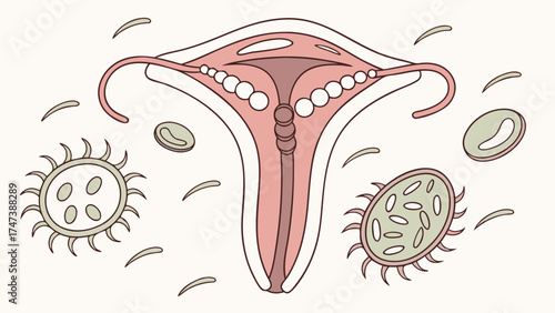 Female reproductive system illustration medical diagram anatomy chart reproductive health gynecology biology microbiology cells bacteria viruses infection illness healthcare science.