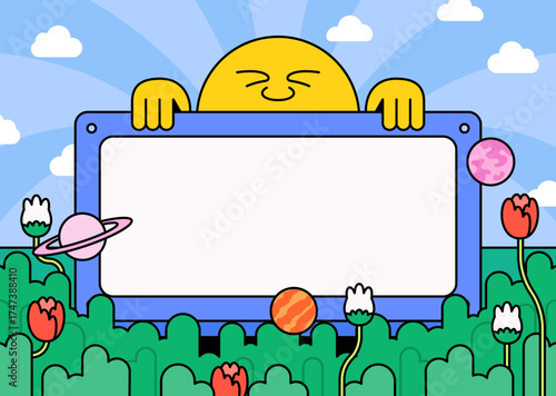 Cute smiling sun holding blank board with colorful flowers and planets vector illustration