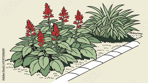Garden illustration red flowers green foliage landscaping design botanical drawing floral arrangement nature illustration garden plants curb border pathway plant design gardening hor.