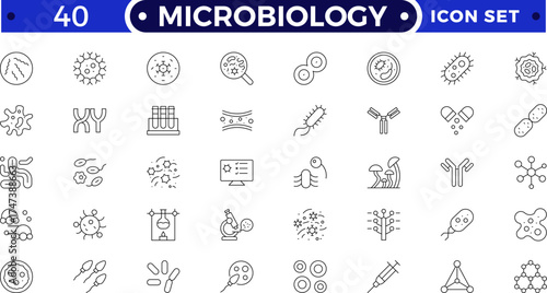 Microbiology tool outline icon set. Vector illustration containing microscope, petri dish, centrifuge, pipette, culture flask, DNA, laboratory equipment, scientific research, and biology icons.