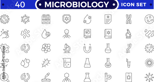 Microbiology tool outline icon set. Vector illustration containing microscope, petri dish, centrifuge, pipette, culture flask, DNA, laboratory equipment, scientific research, and biology icons.