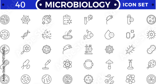 Microbiology tool outline icon set. Vector illustration containing microscope, petri dish, centrifuge, pipette, culture flask, DNA, laboratory equipment, scientific research, and biology icons.