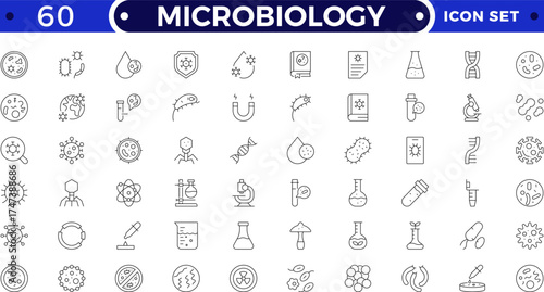 Microbiology tool outline icon set. Vector illustration containing microscope, petri dish, centrifuge, pipette, culture flask, DNA, laboratory equipment, scientific research, and biology icons.