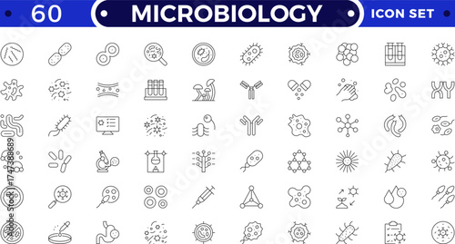 Microbiology tool outline icon set. Vector illustration containing microscope, petri dish, centrifuge, pipette, culture flask, DNA, laboratory equipment, scientific research, and biology icons.
