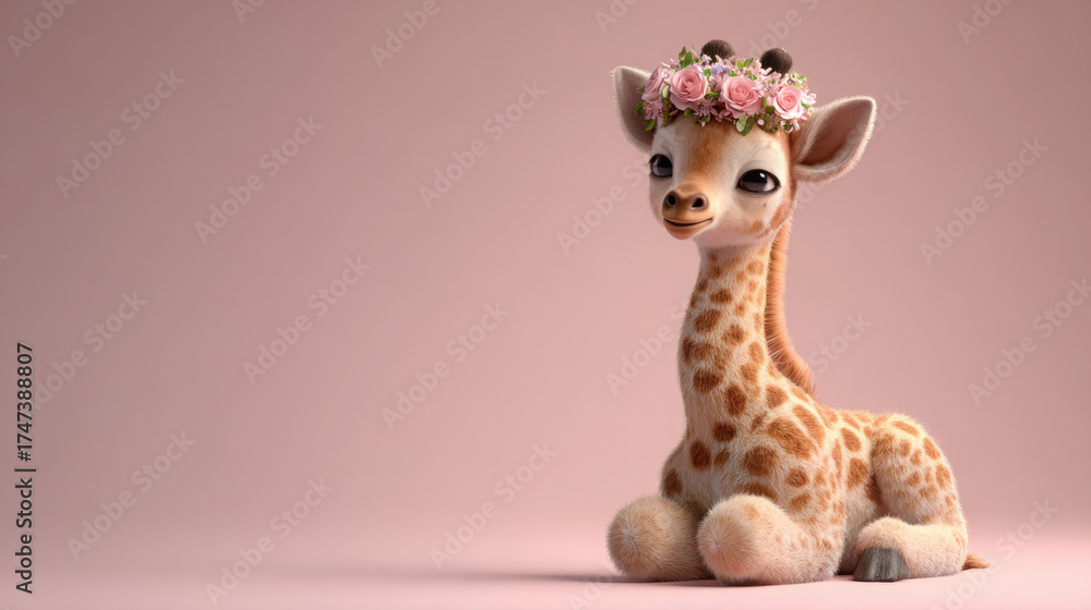 Fototapeta premium Tiny giraffe with soft spotted fur and a pink flower crown, sitting on a pale peach pastel background. Gentle studio lighting and open space for text on one side.