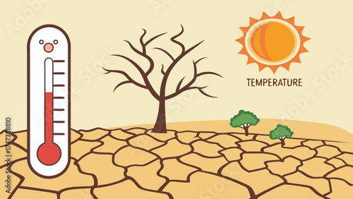 High Temperature Dry Cracked Earth Drought Thermometer Climate Change Illustration.