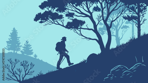 Hiker Silhouette Walking in Forest Trail Nature Landscape Adventure Travel Illustration.