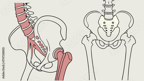 Human Anatomy Illustration Pelvis and Spine Diagram showing sacrum coccyx ilium ischium pubis and lumbar vertebrae.