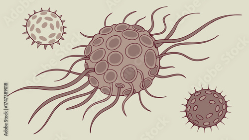 Illustration of microscopic organisms cell structures biology microbiology medicine science research education healthcare pathogen virus bacteria pollen particle microbe abstract.
