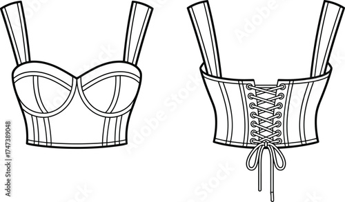 Structured bustier crop top, technical fashion sketch, lace-up back, garment flat, front and back view, contour seams, adjustable fit