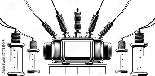 High-voltage transformer setup, electrical insulators, power distribution system, technical engineering sketch, industrial energy grid, bushings, cables, cooling fins