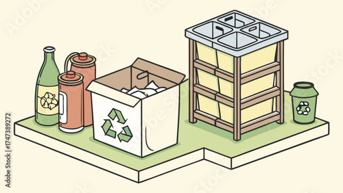 Isometric Illustration of Recycling Bins and Materials for Waste Management and Environmental Awareness.