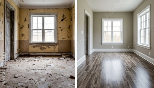 Room interior transforming from old, dilapidated state with peeling paint and debris to new, modern, and renovated space with wood floor