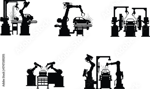 Automotive factory silhouette, robotic arm assembly line, car manufacturing vector, automation industry design, welding robot illustration, production facility graphic, industrial machinery art