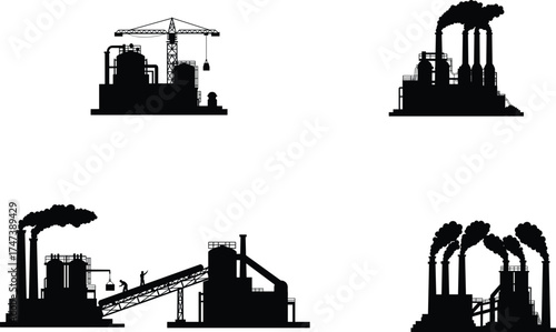 Industrial facility silhouette, factory building vector, heavy industry illustration, smoke chimney design, refinery plant graphic 