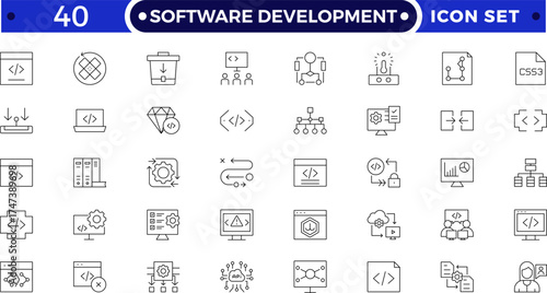 Software Development set of web icons in Outline style. Developer icons for web and mobile app. Code, api, programmer coding, app, flow, node connect, web coder, bug fix and more.