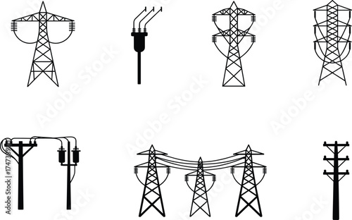 Electrical transmission towers, utility poles illustration, high voltage power lines, distribution infrastructure, technical drawing set, energy grid design, engineering construction sketch