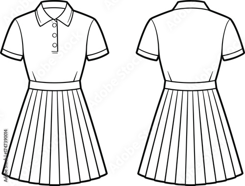 Pleated dress fashion flat, technical garment sketch, short sleeve collared dress, waistband detail, front and back view, apparel design illustration