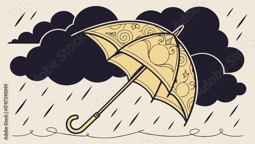 Ornate umbrella in the rain decorative umbrella design rainy day illustration weather graphic stormy clouds rain drops art design umbrella pattern hand drawn whimsical illustration vect.