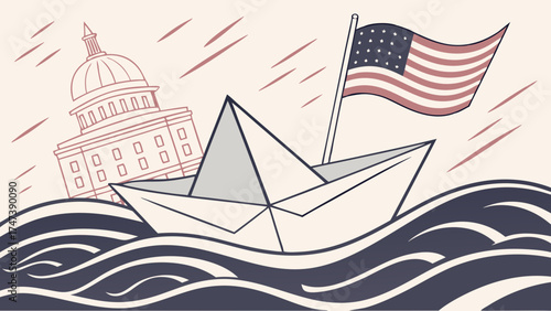 Paper boat on stormy sea with national flag and government building illustration.