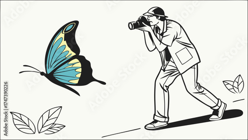 Photographer capturing a butterfly in nature illustration black and white line art wildlife photography insect graphic design element.