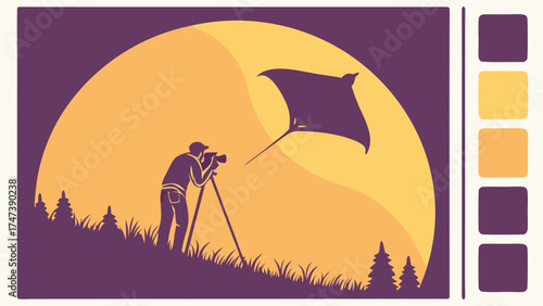 Photographer capturing a ray silhouette against a sunset backdrop.