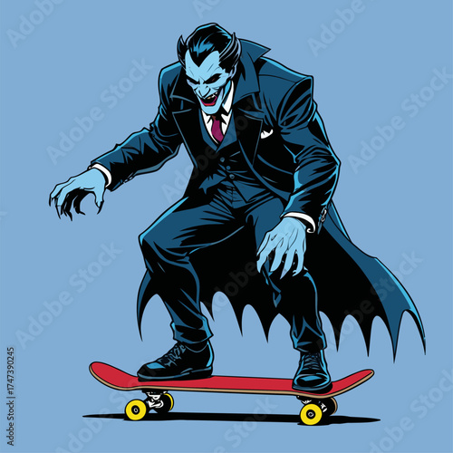 vector illustration of Dracula playing skateboard