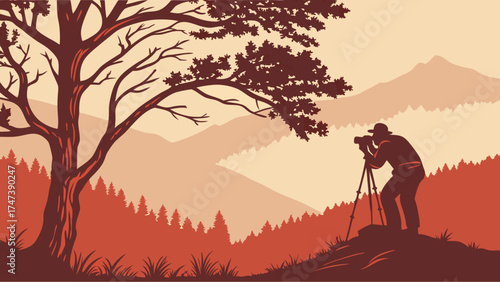 Photographer capturing scenic mountain landscape view from a hill with a tripod.