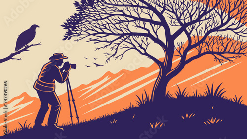 Photographer capturing nature scene with mountains bird and tree at sunset.