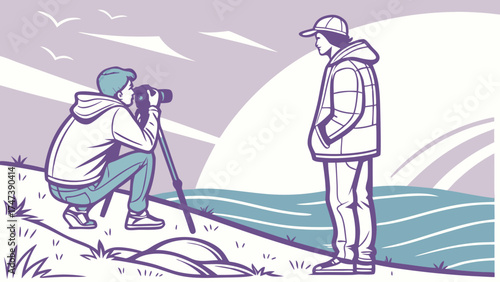 Photographer shooting a person by the sea illustration vector art.
