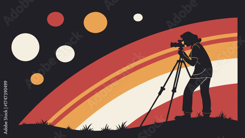 Photographer Silhouette with Camera on Tripod Against Abstract Background with Colorful Stripes and Circles.