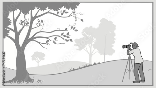 Photographer taking pictures in nature with a camera on a tripod.