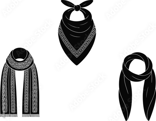 Bandana scarf silhouette, patterned triangular neckwear, long draped scarf vector, looped plain scarf design, fashion accessory icon, black outline, clothing detail