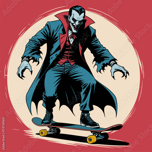 vector illustration of Dracula playing skateboard