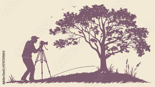 Photographer Taking Pictures of a Tree in Nature Silhouette Illustration.