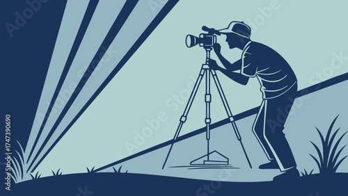 Photographer using a tripod in nature taking a picture with professional camera equipment stylized graphic design illustration.