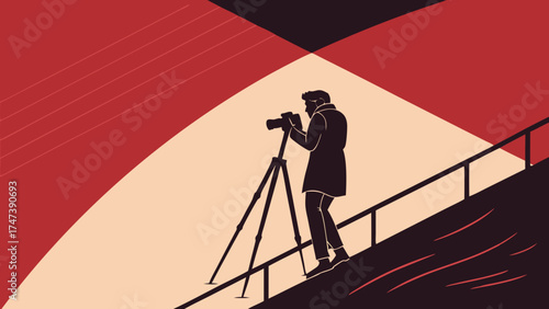 Photographer using a tripod on a slope abstract background illustration.
