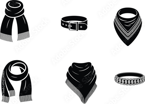 Scarf silhouette, belt vector, bandana neckerchief design, shawl illustration, chain bracelet icon, fashion accessory set, black outline, clothing detail